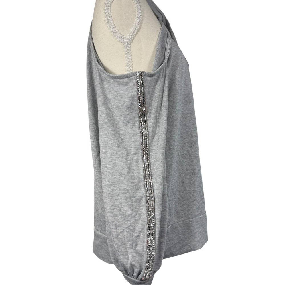 VENUS Cold Shoulder Top Womens L Gray Rhinestone Keyhole Halter Long Sleeve - Picture 4 of 17